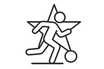 3. Større selvtillid (fodboldspiller med stjerne):
"Stort minimalistisk lineart ikon af en soccer player i bevægelse med en stjerne bagved. Tegnet i ensartet 2px outline, moderne sporty stil, uden fyld og uden baggrund (transparent). Ikonet skal fylde det meste af billedfladen, så det bliver tydeligt og stort i sektionen."